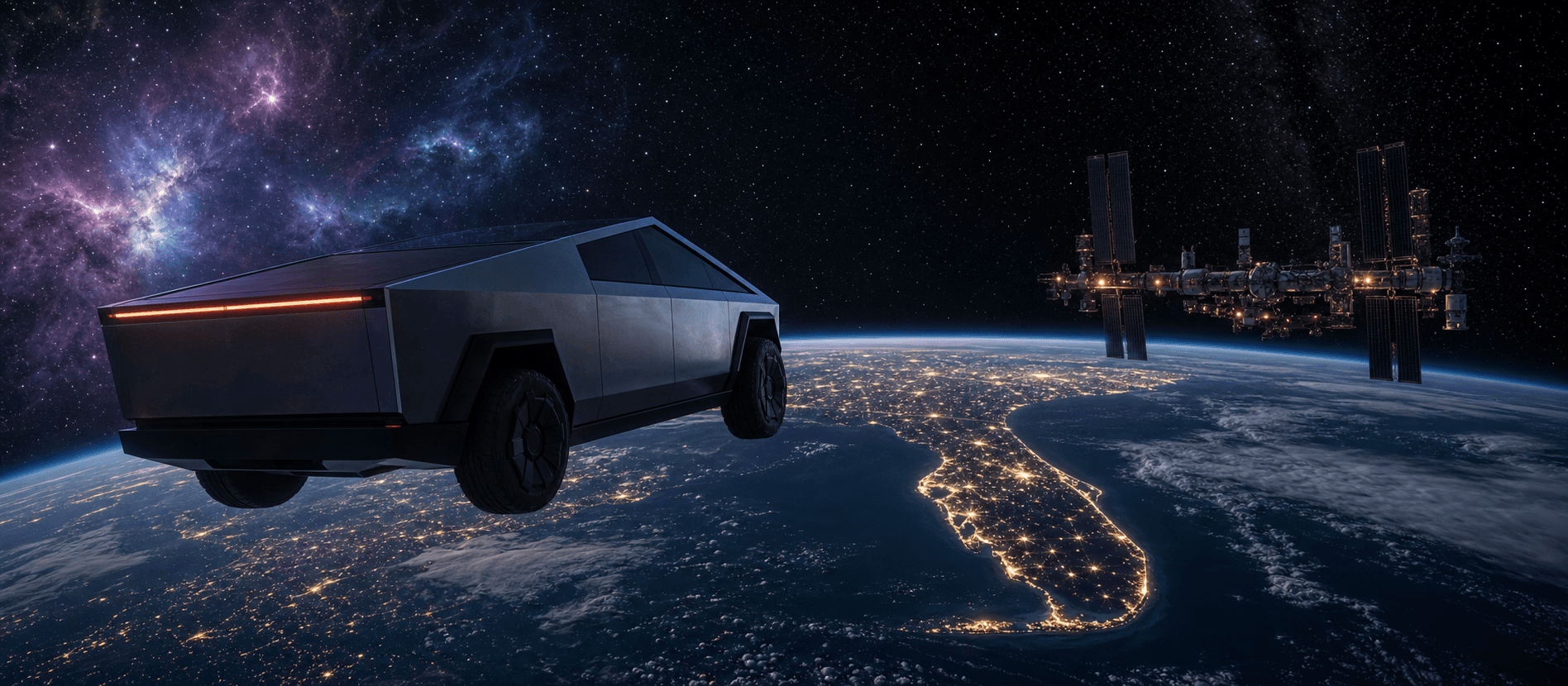 A Cybertruck orbits Earth above a glowing Florida